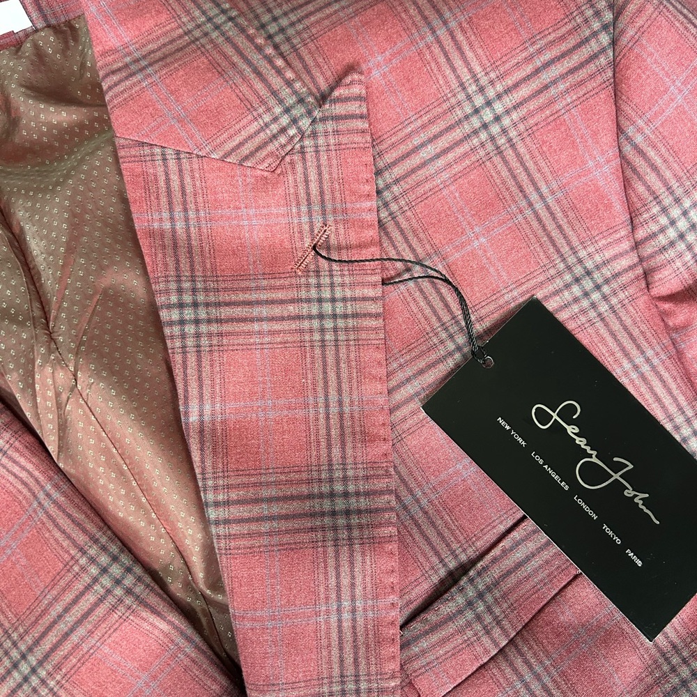 Sean John Men's Pink Plaid suit peak lapel pick stitching side vent flat-front p